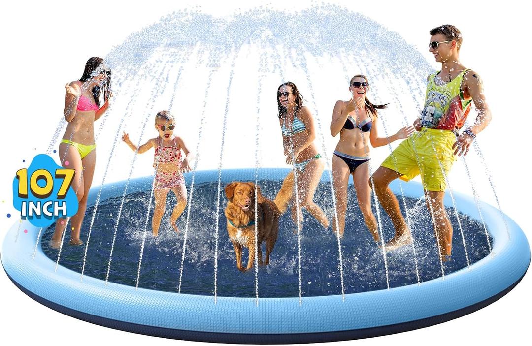 VISTOP Non-Slip Splash Pad for Kids and Dog, Thicken Sprinkler Pool Summer Outdoor Water Toys - Fun Backyard Fountain Play Mat for Baby Girls Boys Children or Pet Dog (107 inch, Blue&Blue)