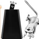 7 Inch Cowbell with L-Rod Clamp Set, Cowbell for Drum Set, Adjustable Mount Bracket, Black Steel Cow Bell for Drum Sets, Percussion Instrument, Sports, Bands, Includes Stick