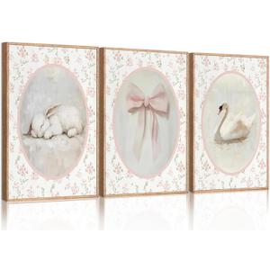 3Pcs Pink Vintage Nursery Wall Art Cute Animal Rabbit Swan Bow Flower Canvas Posters Prints Baby Girl Room Picture Wall Decor for Girls Room Bedroom Decorations Unframed (24L"x16W")