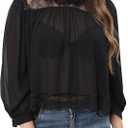 Womens Black Lace Inset Top Semi Sheer Blouse Ruffled Neckline 3/4 Sleeve Casual Shirt (Black, S)