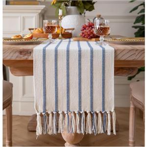 Caflife Boho Table Runner 90 Inchs Long Blue and Beige, Cotton and Linen Woven with Tassels, for Modern Rustic Farmhouse Neutral Table Runners, Bohemian Kitchen Dining Table Home Decor