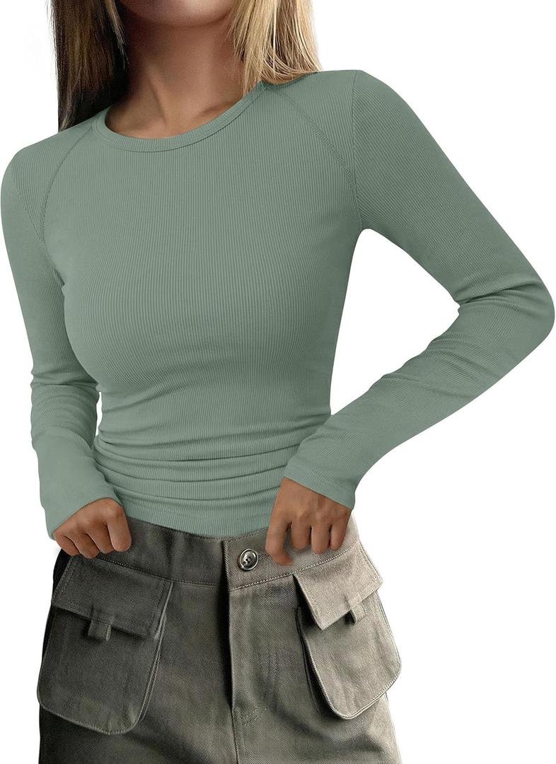 PRETTYGARDEN Long Sleeve Shirts for Women Fall Going Out Tops Casual Ribbed Knit Slim Fitted Basic Tees Y2K Spring Clothes (Large, Sage Green)