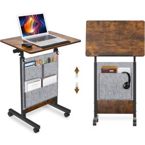 KOUPA Height Adjustable Standing Desk with Storage Bag widths16 in Length 24 in, Portable Rolling Mobile Stand Up Table with Wheels, 360 Degree Flip Laptop Computer Desk for Home Office, Rustic Brown