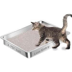 Low Entry Stainless Steel Cat Litter Box for Kittens, Metal Kitty Shallow Litter Box, Easy Access Kitty Litter Pan Tray, Easy Cleaning -17.72'' Lx 13.78'' W x 2.76'' H