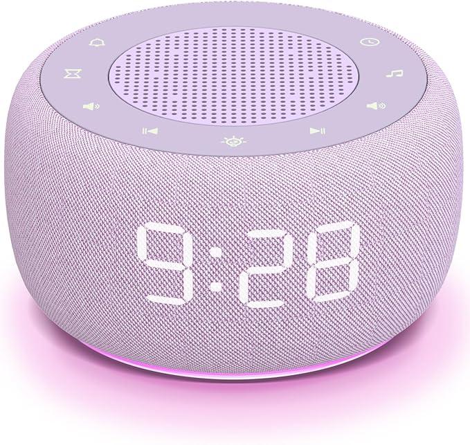 Buffbee Sound Machine & Alarm Clock 2-in-1, 0-100% Clock Face Brightness, Bottom Colored Light, Sleep Timer, Precise 30-Level Volume White Noise Machine, Digital Alarm Clocks for Bedrooms - Purple