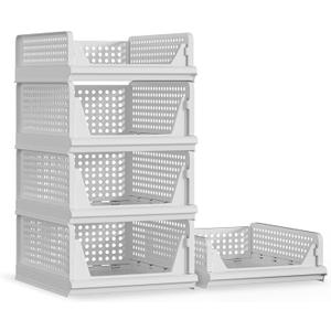 Proarea 5 Pack Stackable Plastic Storage Basket Closet Organizer Bin Foldable Clothes Organizer Storage Drawer Shelf Container for Living room Bathroom Kitchen Office (3L+2S) (White)