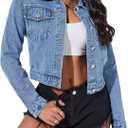 Womens Cropped Jean Denim Jacket Long Sleeve Button Up Short Jean Jacket with Pockets (Large, Blue)