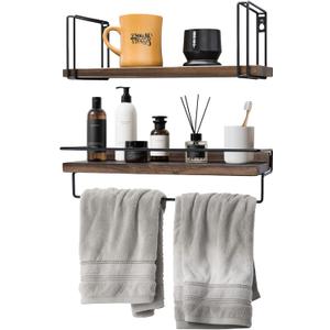 Floating Shelves with Towel Bar - American Black Walnut Solid Wood Shelf, Set of 2 Over Toilet Wall Storage Shelves with Metal Frame for Kitchen Bedroom Living Room