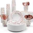 White and Rose Gold Party Supplies - 350 PCS Disposable Dinnerware Set - White Paper Plates Napkins Cups, Gold Plastic Forks Knives Spoon for Graduation, Birthday, Thanksgiving, Cocktail Party