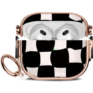 Maxjoy for Cute AirPods 3 Case (2021) with Safety Lock,Compatible Black and White Plaid AirPod 3rd Generation Case for Women Girly with Keychain-Black White