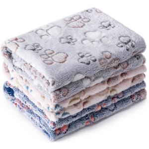 1 Pack 3 Blankets Super Soft Fluffy Premium Fleece Pet Blanket Flannel Paw Printed Throw for Dog Puppy Cat (Medium 30x20'', Beige, Grey, Navy)