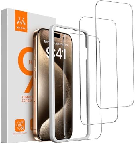 Mkeke 3 Pack Screen Protector for iPhone 15 Pro Max 6.7", [9H+ Tempered Glass] [Easy Installation Frame] [Military-Grade Drop Protection] HD Clear, Anti-Scratch, Bubble Free