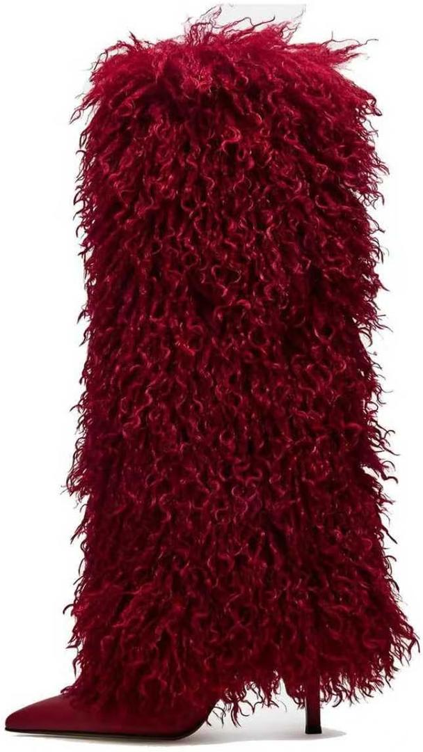 Fur Knee High Boots for Women Pointed Toe Stiletto Heel Fold Over Tall Boots Fashion Wide Calf Long Booties (7.5, Red)