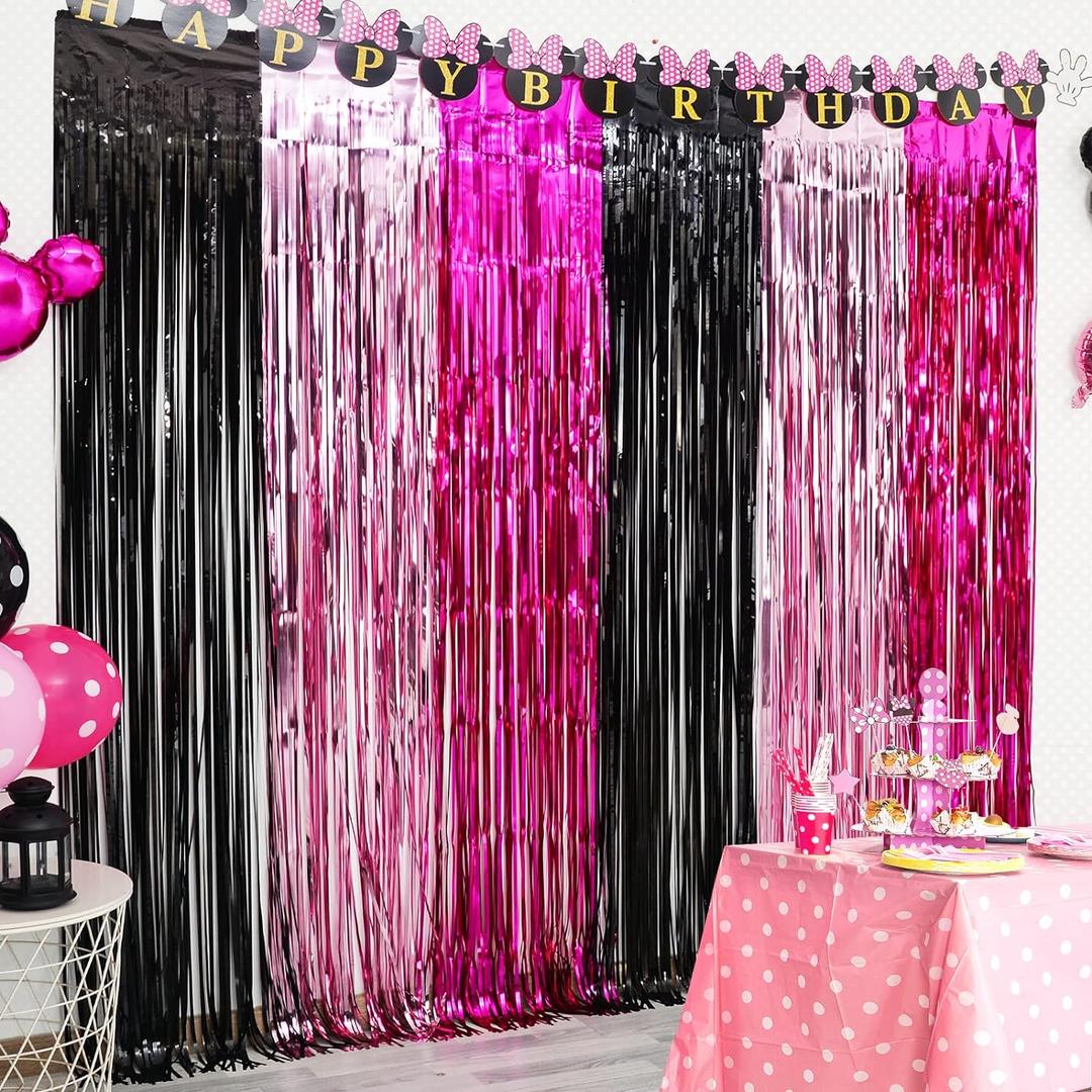 LOLStar 3 Pack Cartoon Mouse Birthday Party Supplies,3.3x6.6 ft Black Pink Fuchsia Tinsel Foil Fringe Curtains,Cartoon Mouse Photo Booth Prop Streamer Backdrop, Kawaii Party Decoration for Girls Baby