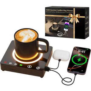 Mug Warmer, Cordless 180 Min Battery Life, 10000mAh Portable Charger, Wireless Coffee Cup Warmer for Desk, 3 Temp Settings, Smart Candle Heat Plate for Home, Office, Travel, Camping & Gifts for Men (Brown)