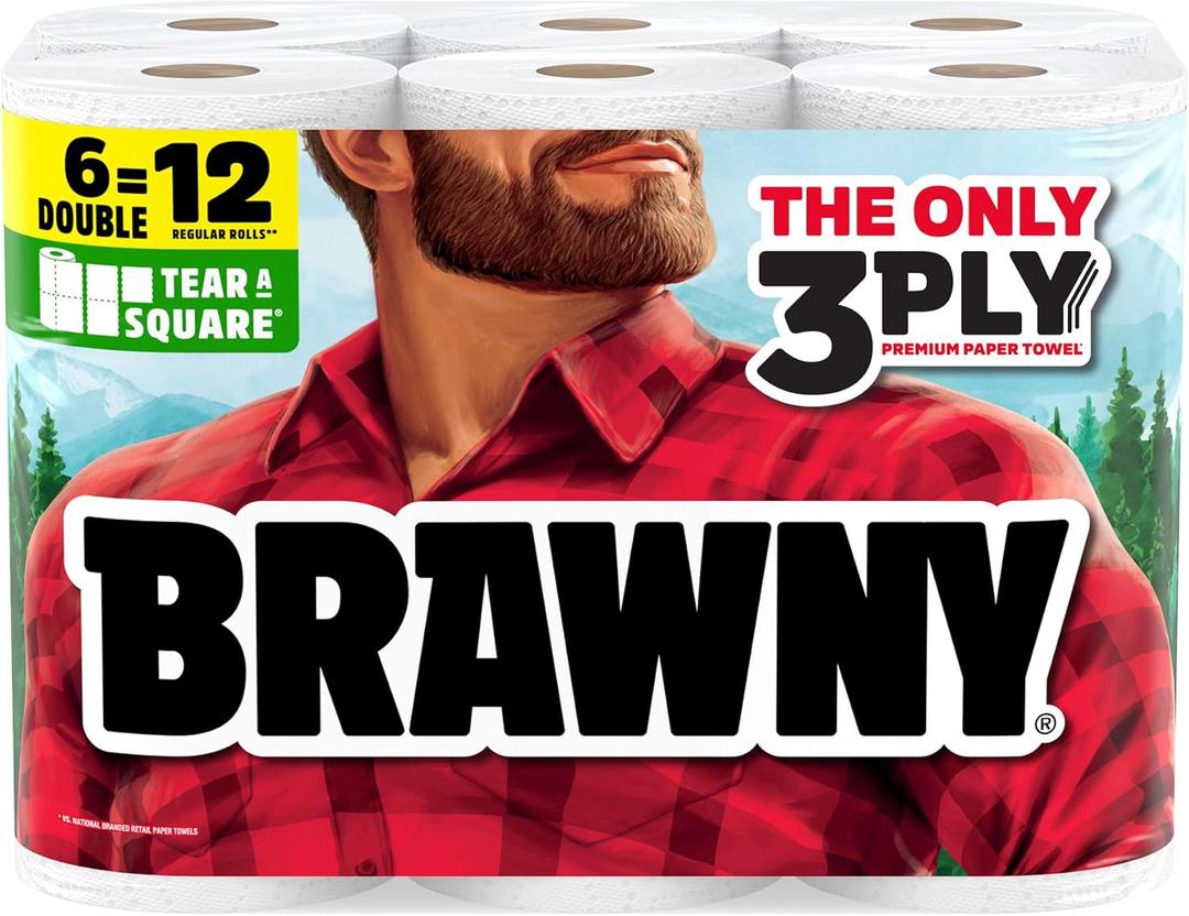 Brawny Tear-A-Square 3-Ply Paper Towels, 6 Double Rolls = 12 Regular Rolls, Strong, Absorbent, and Durable with 3 Sheet Sizes (Quarter, Half, Full), 100 Sheets