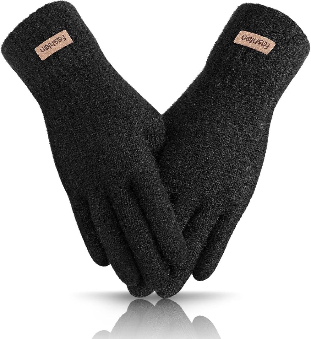 Winter Gloves Women, Touchscreen Warm Lining Glove, Elastic Knitted Gloves for Women Men (Black)