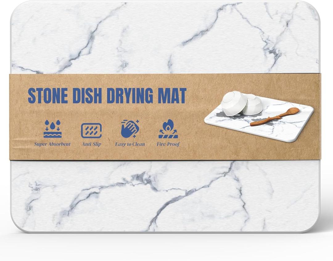 Stone Drying Mat for Kitchen Counter, Water-Absorbent Diatomaceous Dish Drying Mats, Multi-Purpose for Cups Dishes Bottles, Ivory-Marble, 15.7"L x 11.8"W