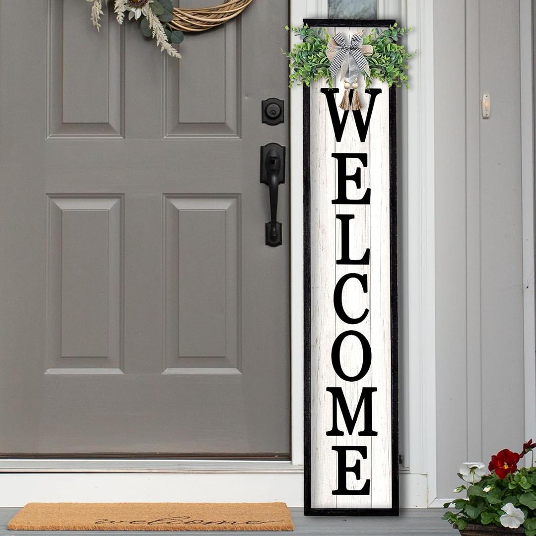 Front Porch for Welcome Standing Sign 45"X9" Vertical Tall Long Leaner Outdoor Front Door Wood Framed Decor (Black)