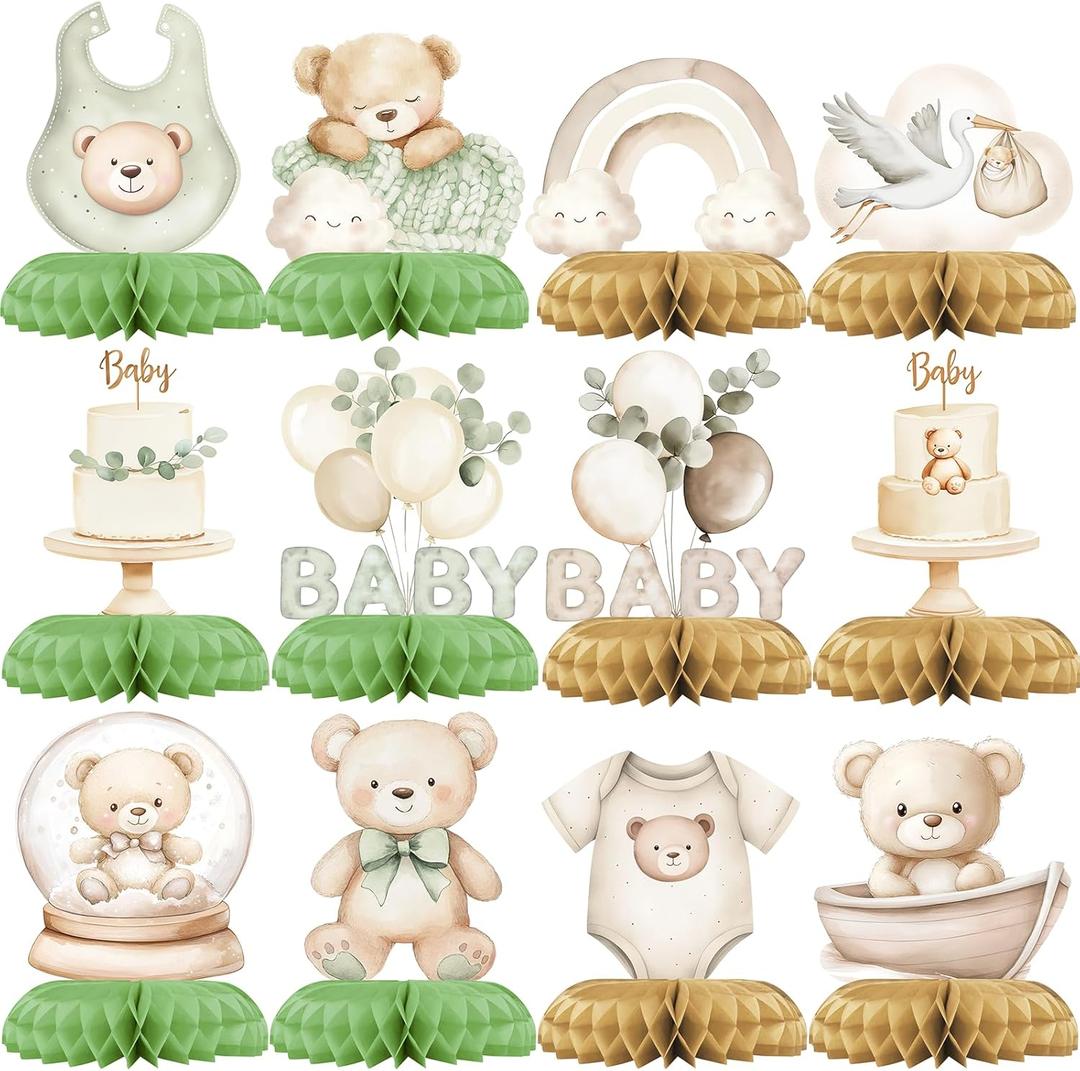 Neutral Sage Green Baby Shower Centerpieces  12 PCS Teddy Bear Honeycomb Table Decorations for Gender Neutral Boho Baby Shower Party