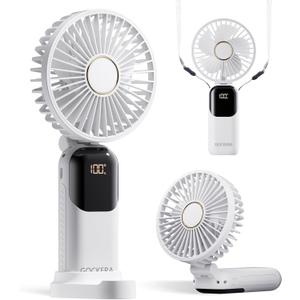 Portable Fan, 4200mAh Battery Operated Fan, 5 Speeds&Digital Display, Makeup Fans for Women with Base, 180Foldable 3in1 Handheld/Neck/Desk Fan for Outdoor Indoor,Ultra Quiet (White)