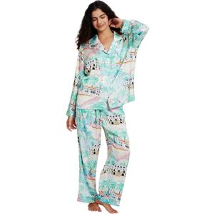 Womens Silk Satin Pajamas Set Button Down 2 Piece Pjs Long Sleeve Oversized Sleepwear with Pockets (Small, Green Palm)