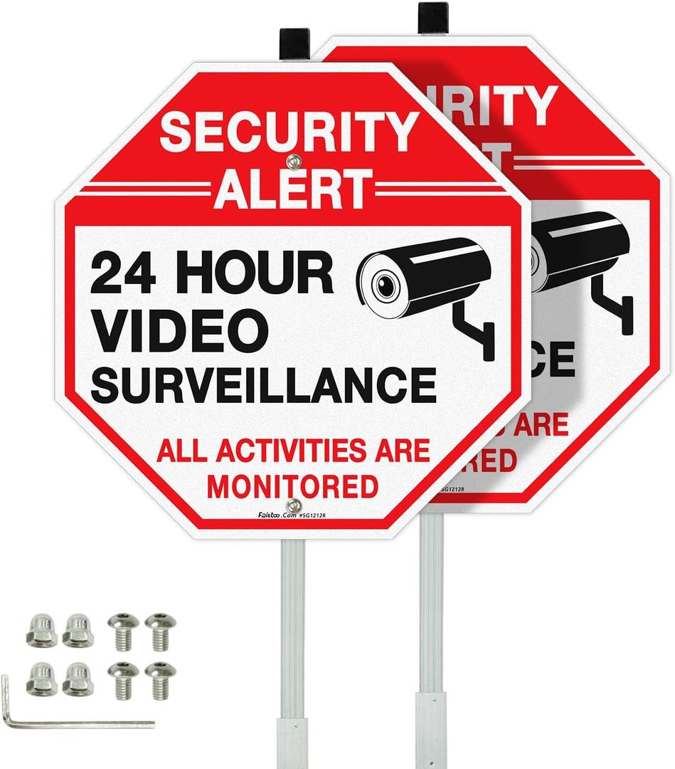 Faittoo Security Sign Video Surveillance Sign with 36" Stake for Outside, 2-Pack 12"x12" Rust Free Heavy Aluminum, Reflective, Fade Resistant, 2 pre-drilled holes, Includes Matching Screws & Wrench,