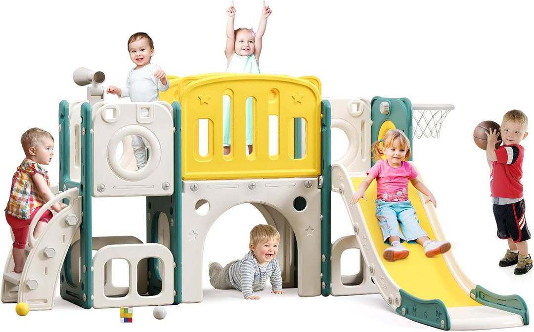8 in 1 Toddler Slide Set, Kids Slide for Toddlers, Toddler Climber Slide PlaySet with Basketball Hoop,Outdoor Indoor Playground for Toddlers Upgraded (Amazing Green)