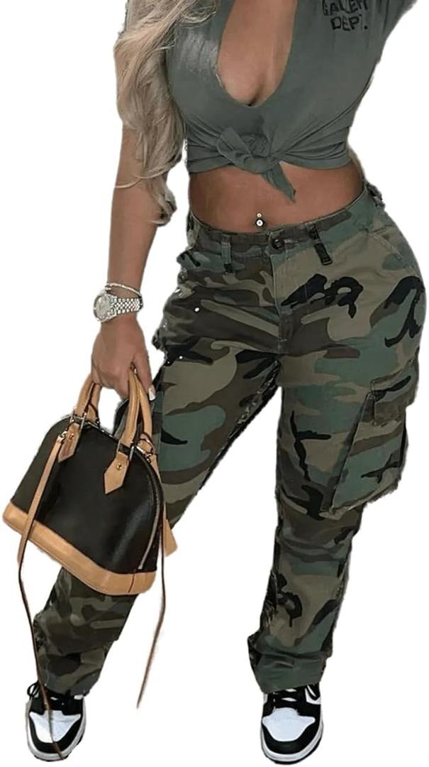 Womens Casual Camouflage Camo Cargo Long Pants with Pockets (X-Large, Army Green)