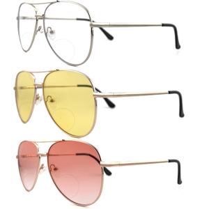 3 Pack Bifocal Reading Sunglasses for Women Men, Aviator Sun Readers Glasses Mirrored Shades UV400 Gradient Pink Night Yellow Clear, +1.5