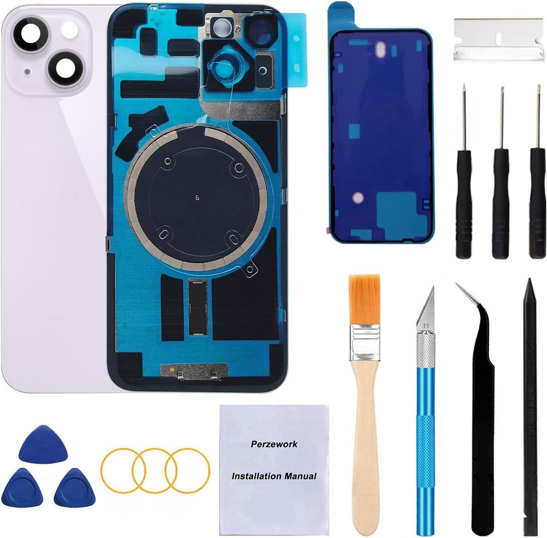 Rear Back Glass Replacement for iPhone 14 Plus 6.7-inches + Pre-Installed Plate and Camera Frame and Lens + Reparing Tool Kit (Purple)
