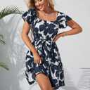 Off Shoulder Ruffle Dress for Women, A-Line Mini Dress with Belt, Fitted Bust Summer Wedding Guest Dress (Blue, S)