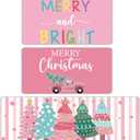 Dunzy 3 Pcs Watercolor Pink Merry Christmas Kitchen Rugs and Mats Set Winter Pink Striped Xmas Tree Stars Kitchen Floor Mats Merry and Bright Non Slip Bathroom Rug Decor for Holiday Decoration