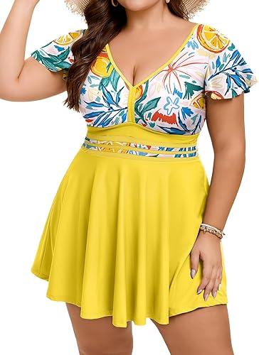 Arolina Women's Plus Size Tankini Swimsuits Swim Dress Mesh Bathing Suits Two Piece Ruffle V Neck Swimwear with Swim Shorts 22W