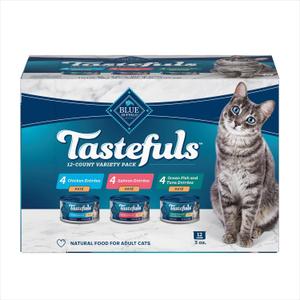 Blue Buffalo Tastefuls Natural Pate Wet Cat Food Variety Pack, Salmon, Chicken, Ocean Fish & Tuna Entres 3-oz Cans (12 Count - 4 of Each Flavor) (EXP 01/09/26)