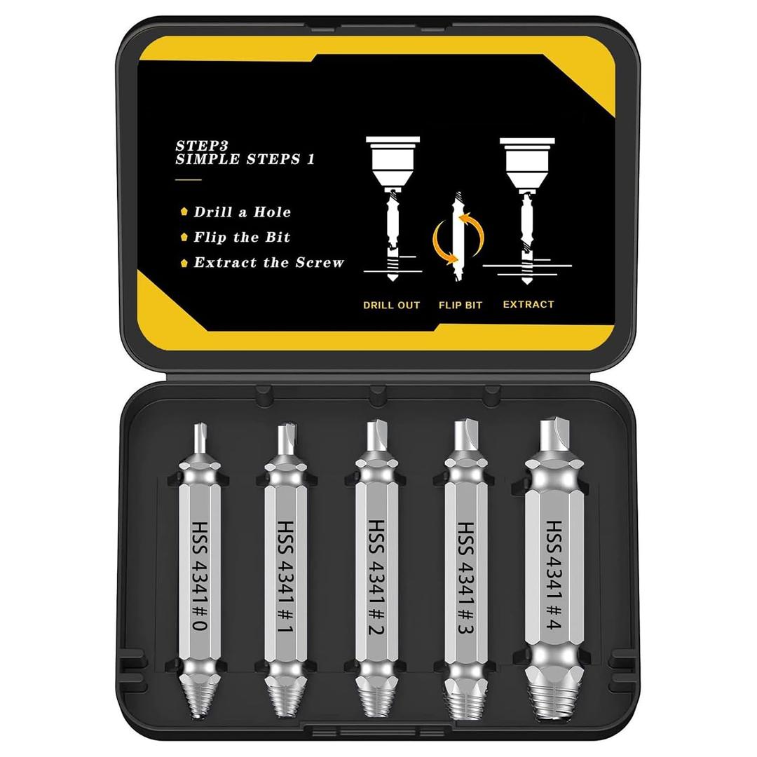 5-Piece HSS Screw Extractor Set, Professional Grade Drill Bit Kit for Damaged Screws, Grey Industrial Finish, Sizes 0-4, with Storage Case