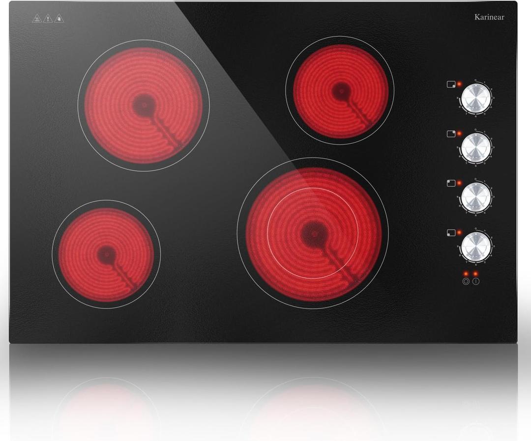 Karinear 30 Inch Electric Cooktop 4 Burners, Knob Control Ceramic Cooktop
