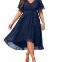 Plus Navy Blue Dress Mother of the Bride Wedding Guest Formal Chiffon Short Sleeve High Low Semi Formal Dress Women (16 Plus, Navy Blue)