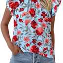 PRETTYGARDEN Women's Ruffle Short Sleeve Summer Tops 2026 Trendy Floral Trim Neck Casual Dressy Chiffon Boho Blouses Shirts L