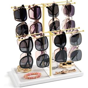 Emfogo Sunglass Organizer, 2-Tier Sunglasses Display Rack for 16 Pairs of Eyewear, Jewelry Holder Stand with Wood Tray Storage for Earrings, Bracelets, Rings & Watches (Gold+White)