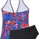 SUUKSESS Women Sexy Halter Tankini Bathing Suits Slimming Tummy Control High Waisted Swimsuits 2 Piece (Blue, XL)
