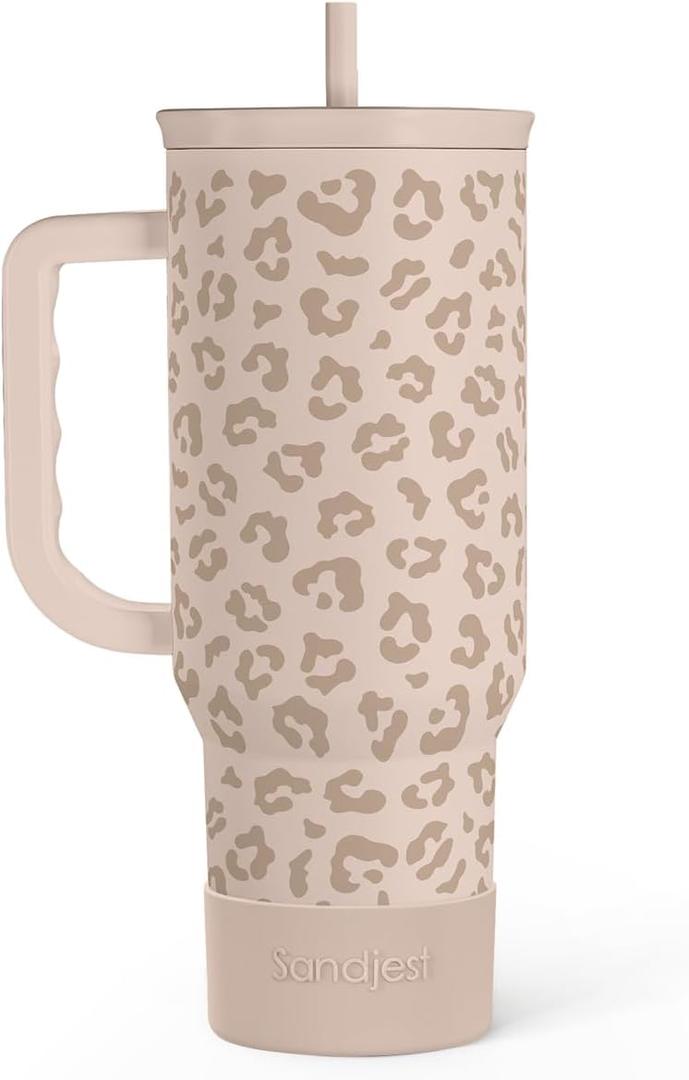 SANDJEST Leopard Tumbler with Handle, Insulated Cup Stainless Steel Travel Mug Cup, Gifts for Women Girl on Birthday Christmas, Tan Leopard, 40oz