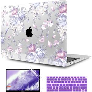 TWOLSKOO Transparent Hard Plastic Case Silicone Keyboard Cover Screen Protecor Compatible with 2018-2021 MacBook Air 13 inch A1932 A2179 A2337 M1 Purple Peony