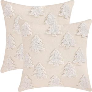 LUOYEHK Christmas Pillow Covers 18x18 Set of 2 Farmhouse Rustic White Xmas Tree Decorative Throw Pillows Winter Holiday Canvas Embroidery Cushion Covers for Couch Sofa Bed (Beige Christmas Grove)