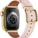 MNBVCXZ Leather Bands Compatible with Apple Watch Band Women, Womens Genuine Replacement Strap for iWatch Series 11 10 9 8 7 6 5 4 3 2 1 SE 3 SE 2 SE (42mm 41mm 40mm 38mm, Pink Sand/Gold)