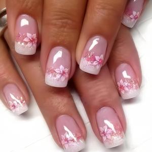 Press on Nails Short Square Fake Nails with Flower Designs Nude Pink Glossy Full Cover Stick on Nails Bling Sequins Acylic Nails for Women and Girls