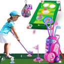 2 in 1 Toddler Golf Set, Upgraded Kids Golf Clubs with 12 Balls, Cornhole Board & Putting Mat, Shoulder Strap, Indoor Outdoor Sport Toys Gift for Boys Girls Aged 3-5 Years Old, Pink