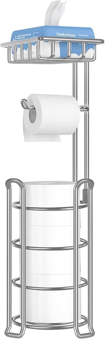 TomCare Toilet Paper Holder Stand with Storage Shelf Tissue Paper Roll Dispenser Free Standing 4 Raised Feet Toilet Paper Storage Metal Bathroom Organizers and Storage (Silver Grey)
