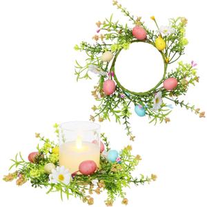 Easter Day Candle Rings Set of 2, 4 Color Eggs and Flower Wreaths for Pillar and Taper Candles - Festive Candlesticks Centerpieces for Easter Day, Baby Shower, Birthday, Spring Dinner Table Decor