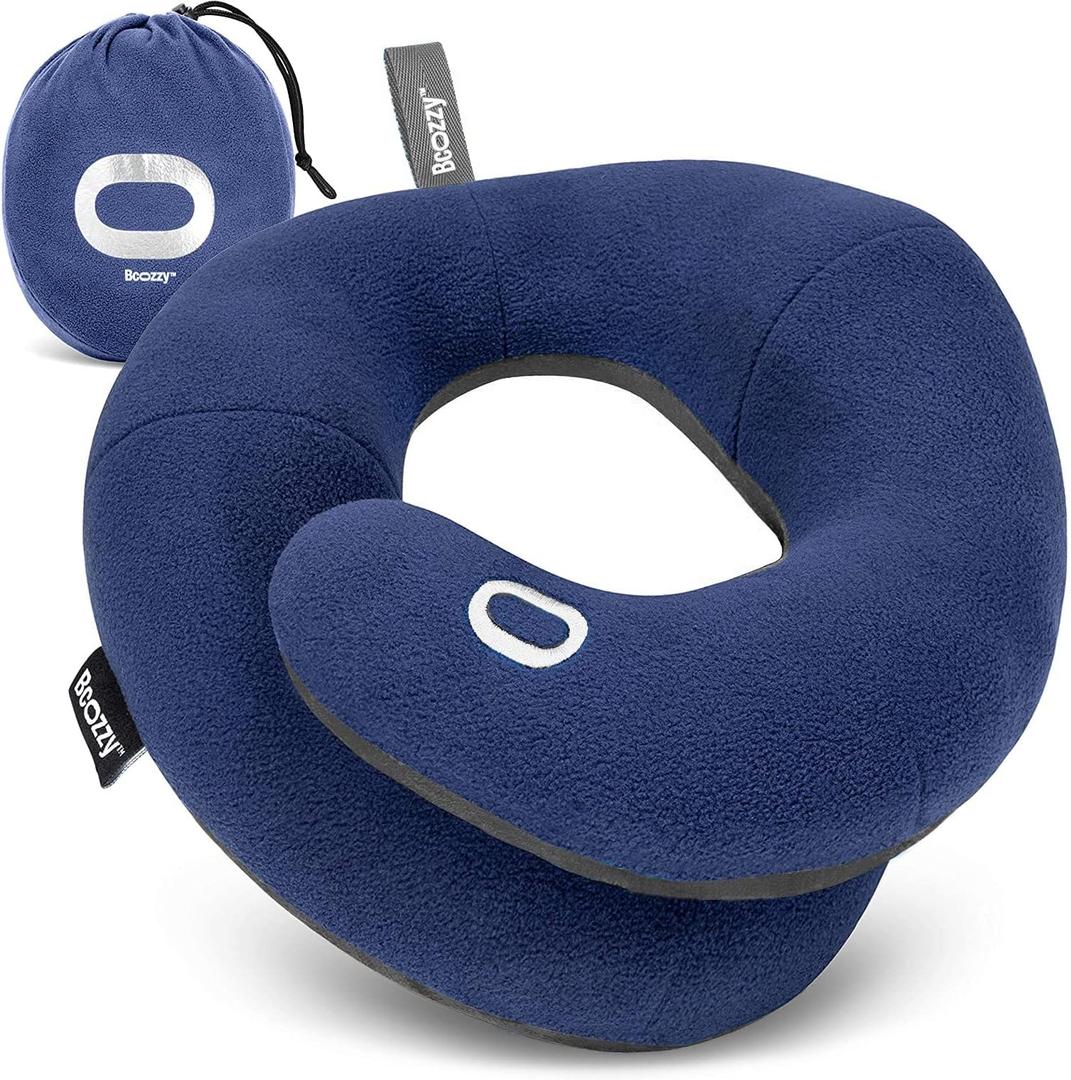 BCOZZY Travel Neck Pillow for Airplane  Patented Double Support for Head, Neck, and Chin. Best for Long Flights, Plane Sleeping, and Car Rides. Adjustable Size. Fully Washable. Carry Bag. Large, Navy